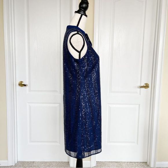 CeCe Size XS Navy & Black Sequin Layered Bow Tie Neck Sleeveless Cocktail Dress - Picture 9 of 15